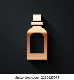 Gold Plastic bottle for laundry detergent, bleach, dishwashing liquid or another cleaning agent icon isolated on black background. Long shadow style. Vector