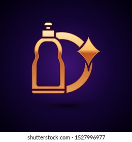 Gold Plastic bottle for liquid laundry detergent, bleach, dishwashing liquid or another cleaning agent icon isolated on dark blue background.  Vector Illustration