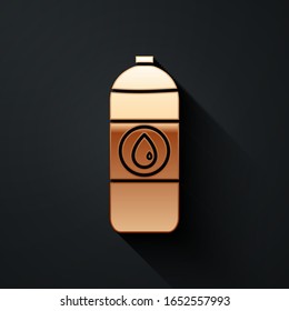 Gold Plastic canister for motor machine oil icon isolated on black background. Oil gallon. Oil change service and repair. Long shadow style. Vector Illustration