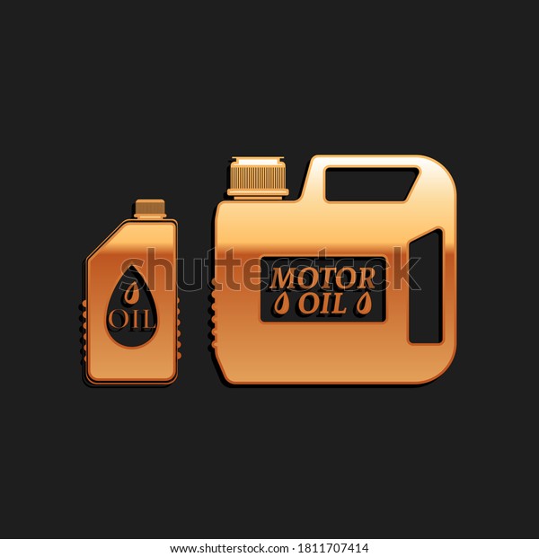 Gold Plastic canister\
for motor machine oil icon isolated on black background. Oil\
gallon. Oil change service and repair. Engine oil sign. Long shadow\
style. Vector.