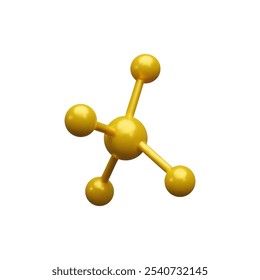 Goldenes Kunststoffmolekülelement. 3D-Symbol. Atomare Struktur. Wissenschaftliche Chemie. Laboruntersuchungen. Mikrobiologie. Gelbe Kugel. Dekoratives Gestaltungselement. Vektorgrafik auf weißem Hintergrund.