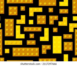  Gold plastic toys on a black background seamless pattern. Golden details of the designer. Different shape. Vector cartoon illustration. 