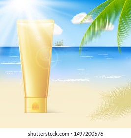 Gold plastic tube mockup for cosmetics on summer beach with a sun, palm trees and cloudless sky. Vector illustration. Can be use for your design, advertising, promo and etc. EPS10.
