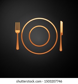 Gold Plate, fork and knife icon isolated on black background. Cutlery symbol. Restaurant sign.  Vector Illustration