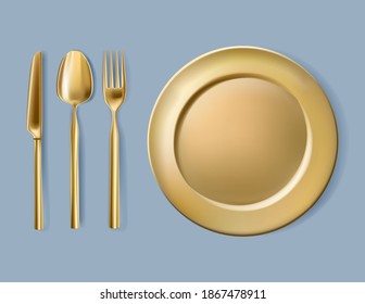 Gold Plate, Fork, Spoon And Knife. Festive Table Setting. Dinner Tableware.Vector