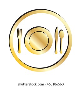Gold Plate Setting with Fork Knife & Spoon Silverware Icon