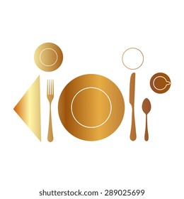 Gold plate with spoon, knife and fork 