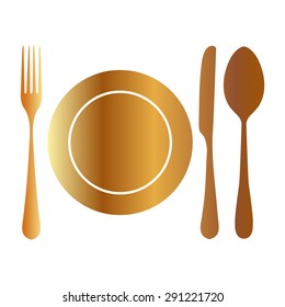 Gold plate with spoon, knife and fork 