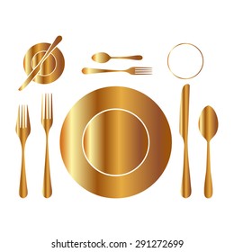 Gold plate with spoon, knife and fork 