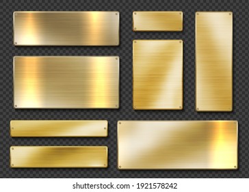 Gold plates. Realistic golden metal banners. 3D screwed shiny boards on transparent background. Isolated planks with glisten metallic texture. Blank square shapes, vector templates set for engraving