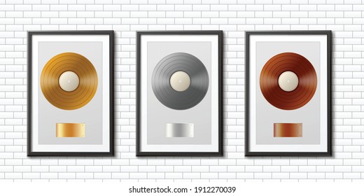 Gold, platinum and bronze vinyl discs placed in wooden frames, realistic vector illustration isolated on white background. Template of music awards in various metal.