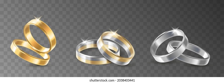 Gold, platinum and silver wedding ring set, marriage ceremony and anniversary jewelry. Golden luxury gift isolated on transparent background. 3d realistic vector illustration