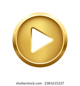 Gold play button 3d vector illustration. Abstract golden circle ring on white background with triangle. Play icon, Press to start. Multimedia, audio, video, cinema, music.