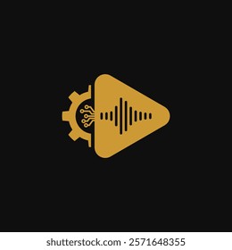 A gold play button with a gear and circuit design on the left side and a sound wave pattern in the middle, symbolizing technology and media integration.