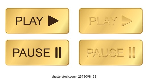 Gold Play Button, Golden Round Rectangle shiny sticker Badge with Play and Pause icon, VIP luxury play Label, vector design element for music website or application