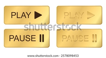 Gold Play Button, Golden Round Rectangle shiny sticker Badge with Play and Pause icon, VIP luxury play Label, vector design element for music website or application