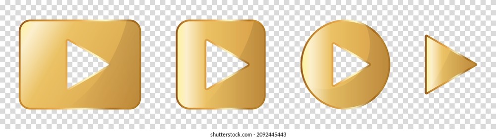 Gold play buttons set. Vector illustration isolated on transparent background