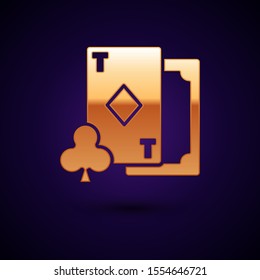 Gold Playing card with diamonds symbol icon isolated on dark blue background. Casino gambling.  Vector Illustration