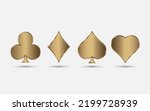Gold playing card suits, spade, heart, club and diamond vector set for your design or logo. Realistic deck cards isolated on white background