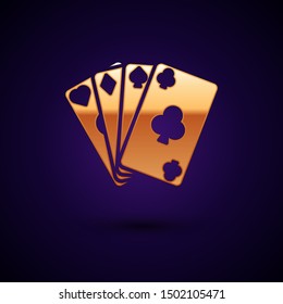 Gold Playing cards icon isolated on dark blue background. Casino gambling.  Vector Illustration