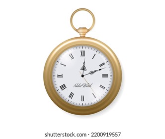 Reloj de bolsillo de oro. Marcado cronómetro antiguo. Antiguo reloj de pob. Reloj de cronómetro realista de lujo dorado. Vidrio transparente. Horario retro. Accesorio de época. Instrumento de medida de tiempo del vector