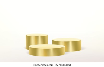 Gold podium, 3d platform or golden pedestal stand for product display, vector metal pillar. Golden podium platform or pillar pedestal stand background for premium luxury product