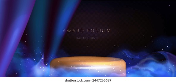 Gold podium award with luxurious blue silk draperies for interior decoration.   Blue Smoke background with neon particles on the a dark transparent background . Vector illustration eps 10