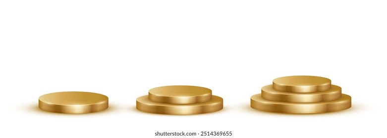 Gold podium for awards or product display vector illustration set. Empty 3d golden stages on white background. Luxury elegant platforms for cosmetics presentation, ceremony pedestals for winners.