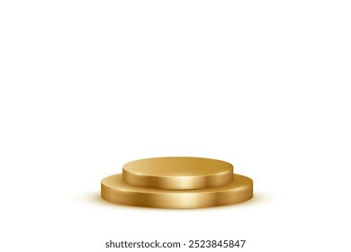 Pódio dourado para prêmios ou ilustração vetorial de exibição de produto. Palco dourado 3d vazio sobre fundo branco. Plataforma elegante de luxo para apresentação de cosméticos, pedestal de cerimônia para vencedores.
