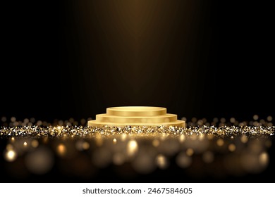 Gold podium background isolated on black. Golden light award stage with glowing glitter sparkle confetti. 3d abstract vector illustration for product presentation.