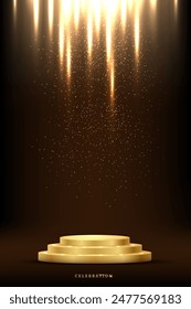 Gold podium background isolated on black. Golden light award stage with glowing glitter sparkle confetti. 3d abstract vector illustration for product presentation.