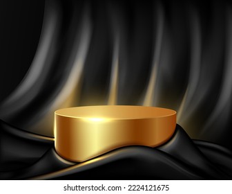 Gold podium with black textile background. Gold podium for business concepts. Vector illustration