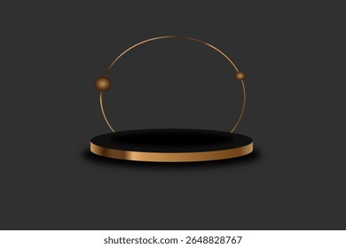 Podio dorado con fondo textil negro.