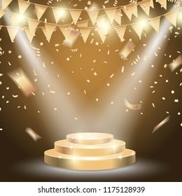 Gold podium with brightly spotlight on celebration background. Vector illustration