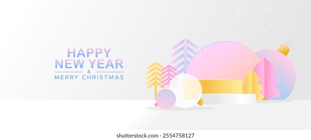 Gold podium with christmas tree, snowflakes and toys in paper cut style. A bright banner for the New Year and Christmas.	