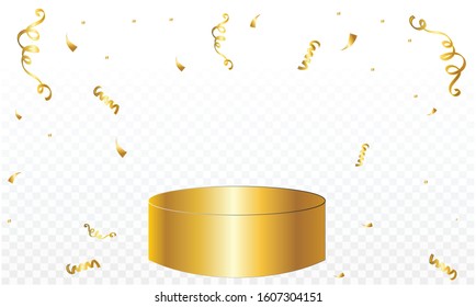 Gold podium with confetti and gold ribbons. Celebration background party decoration frame template . luxury greeting rich card. Festive design