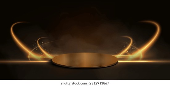 Gold podium and gold curved lighting effect spakle on dark brown background. Vector illustration