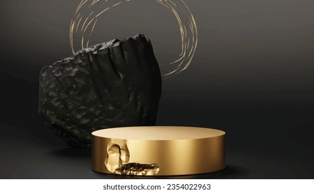 Gold podium cylinder with rock for product presentation on black background, abstract or geometric shape, Vector Illustration
`