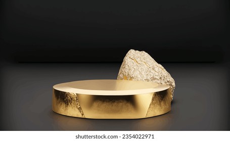 Gold podium cylinder with rock for product presentation on black background, abstract or geometric shape, Vector Illustration
`