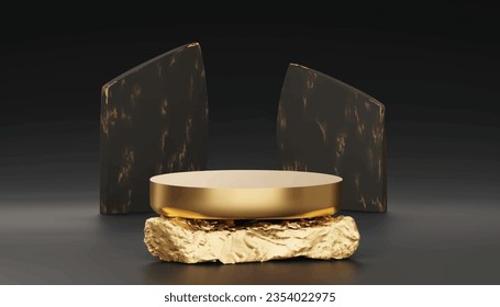 Gold podium cylinder with rock for product presentation on black background, abstract or geometric shape, Vector Illustration
`