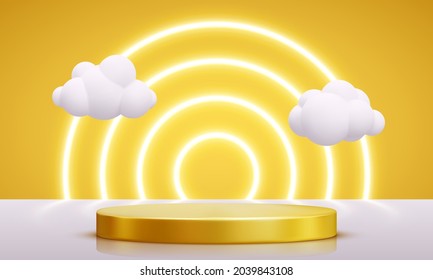 Goldenes Podium mit Beleuchtung. Realistische Podest-Szene mit Wolken für Produkt, Werbung, Show, Preisverleihung, auf gelbem Hintergrund. Minimaler Stil. Vektorgrafik