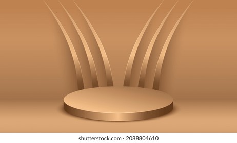 Gold podium display product and backdrop luxury full golden curve line element. Realistic 3d luxury style background. vector illustration for promoting sales and marketing.