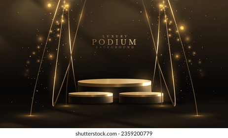 Podio de oro vacío en escena oscura con elemento de cinta para la presentación de productos y efecto de foco y decoración de vigas y bokeh. Antecedentes de la ceremonia de premiación de lujo.