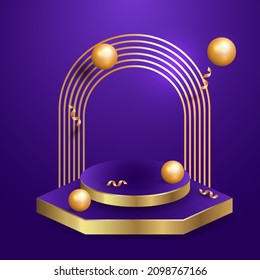 Gold podium in the form of a diamond and a circle for the presentation of premium products. Podium scene with golden arch on purple background. background with podium, balloons and festive ribbon. 