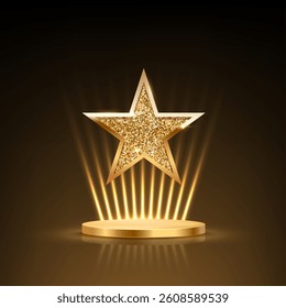 Gold podium with glitter star on top and spotlights rays. Golden award platform isolated on black background. Abstract vector illustration for product presentation or winner ceremony.