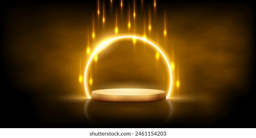 Gold podium with golden light neon frame vector illustration isolated on black. Abstract yellow award stage on background of flame rain and drops. Glamour premium art decoration for prize ceremony.