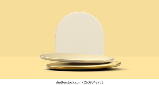 Gold Podium With Minimal Backdrop On Yellow Background. Elegant 3D Scene For Product Display, Luxury Branding, And Cosmetic Presentation. Vector Illustration.