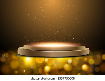 Gold podium on dark background, gold. Empty pedestal for award ceremony. Platform illuminated by spotlights. Vector illustration.