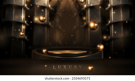 Podio de oro en escena oscura y elementos de bola elegantes con efectos de luz brillante decorativos y bokeh. Diseño de fondo realista y de lujo. Ilustración vectorial.