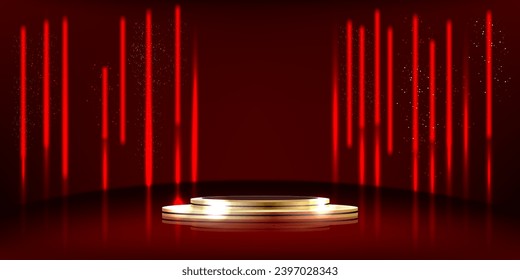 Podio de oro sobre fondo rojo. Vector.